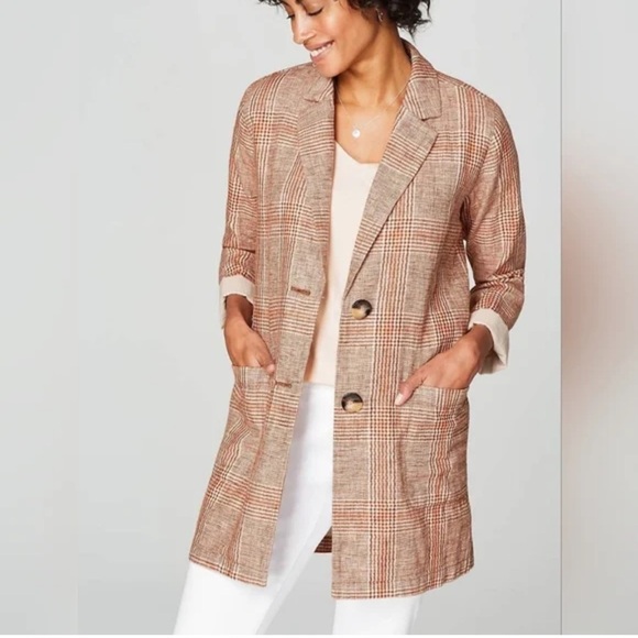 J. Jill Orange Plaid Harper Henna Linen & Cotton Blend Longline Blazer Size L - Picture 8 of 8